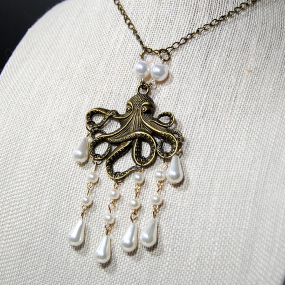 Kraken Octopus Pendant with Dangling Pearl Beads - Picture 2 of 2